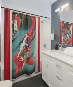 Asian Japanese Art Fish Shower Curtain - Red Coi Fish 1873 Wedding Gift Couple Unique