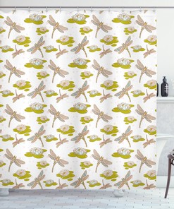 Asian Lotus Flower Print Dragonfly Shower Curtain For Bathroom