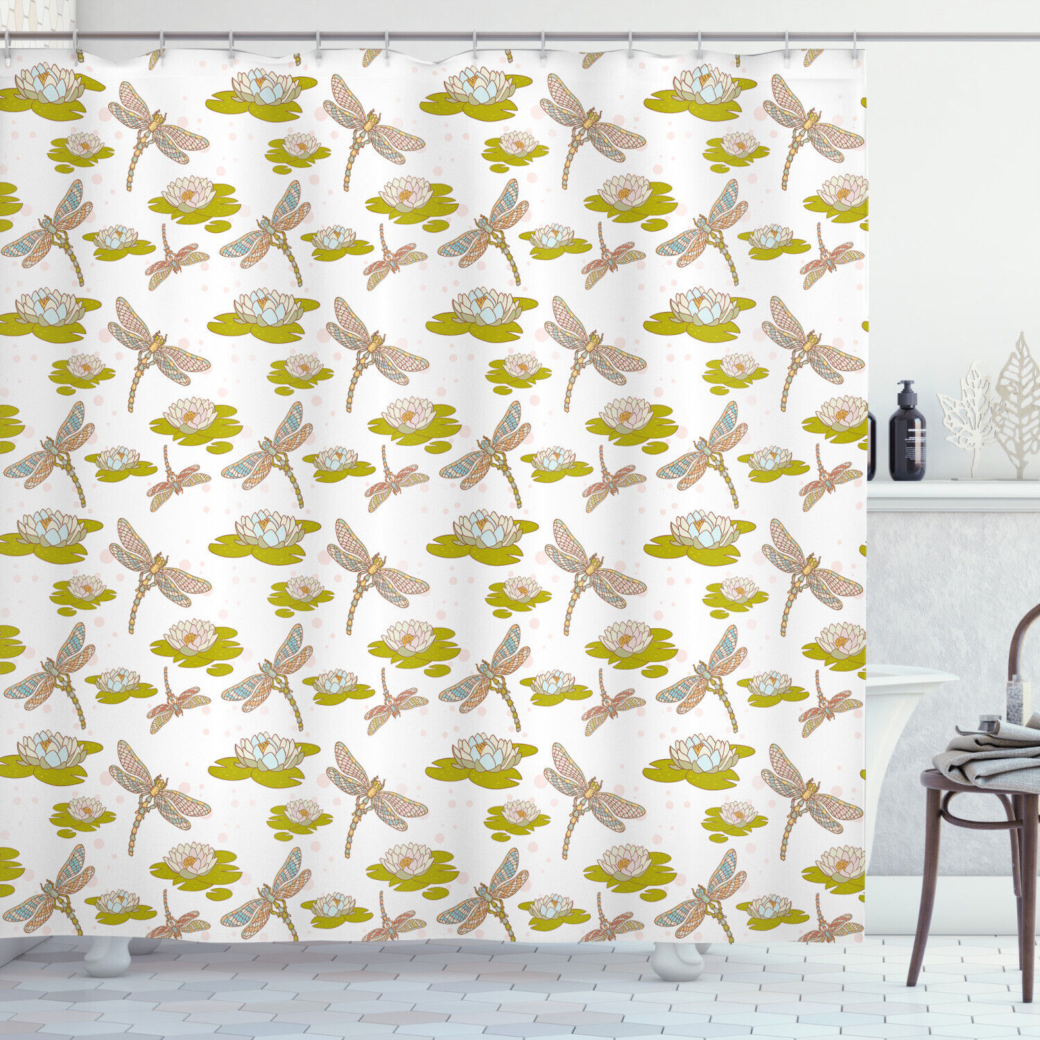 Asian Lotus Flower Print Dragonfly Shower Curtain For Bathroom