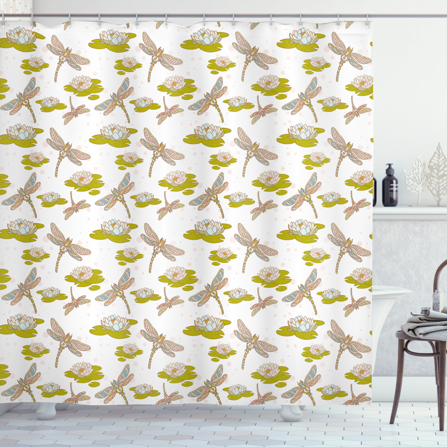 Asian Lotus Flower Print Dragonfly Shower Curtain For Bathroom - Image 3