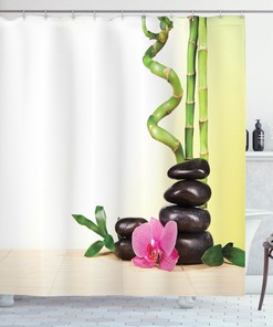 Asian Meditative Zen Theme Print Shower Curtain Featuring Bamboo Sprouts And Rocks