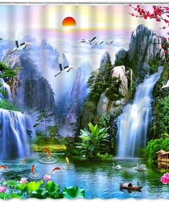 Asian Oriental Forest Waterfall Shower Curtain With Wild Animals, Lotus Pond, And Crane Bird Sunrise For Bathroom Decor