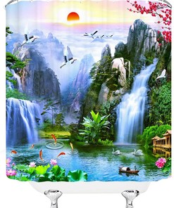 Asian Oriental Forest Waterfall Shower Curtain With Wild Animals, Lotus Pond, And Crane Bird Sunrise For Bathroom Decor