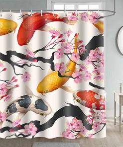 Asian Style Bathing Shower Curtain With Japanese Koi Fish And Cherry Blossoms For Bathroom Decor