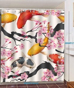 Asian Style Bathing Shower Curtain With Japanese Koi Fish And Cherry Blossoms For Bathroom Decor