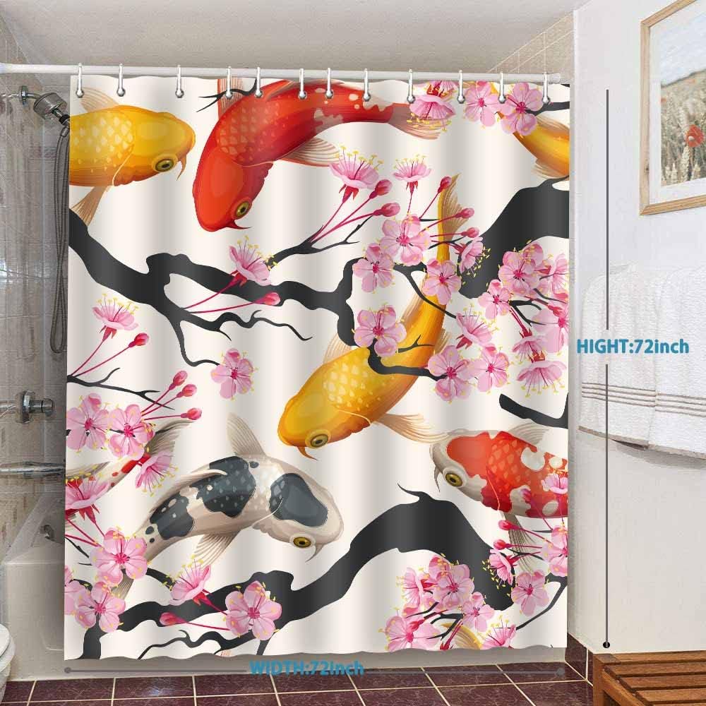 Asian Style Bathing Shower Curtain With Japanese Koi Fish And Cherry Blossoms For Bathroom Decor