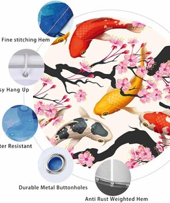 Asian Style Bathing Shower Curtain With Japanese Koi Fish And Cherry Blossoms For Bathroom Decor
