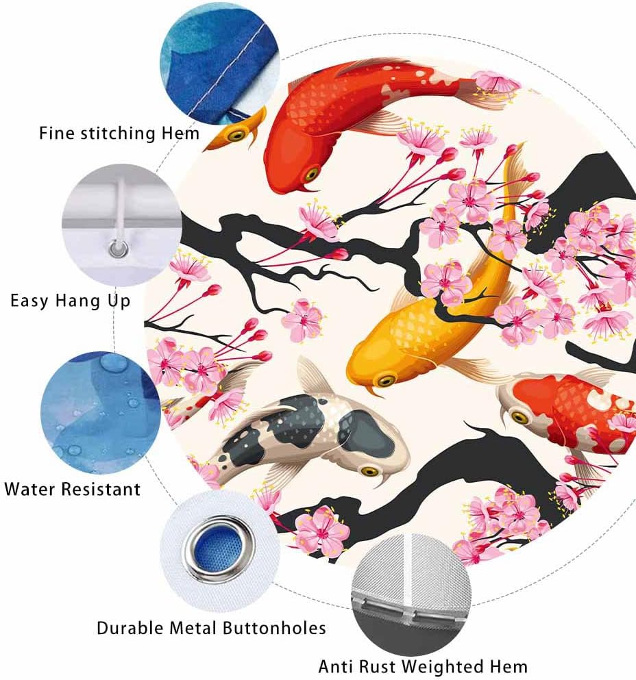 Asian Style Bathing Shower Curtain With Japanese Koi Fish And Cherry Blossoms For Bathroom Decor