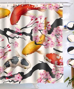 Asian Style Bathing Shower Curtain With Japanese Koi Fish And Cherry Blossoms For Bathroom Decor