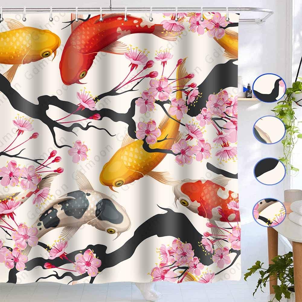 Asian Style Bathing Shower Curtain With Japanese Koi Fish And Cherry Blossoms For Bathroom Decor