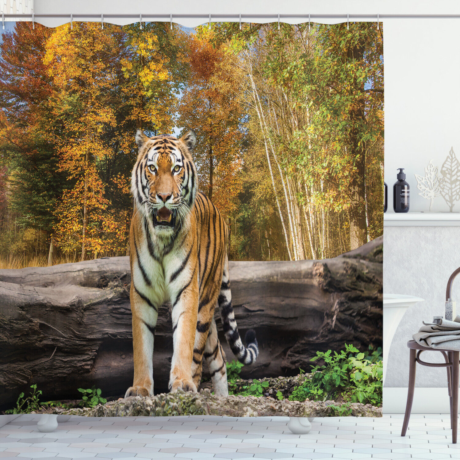 Asian Tiger In Forest Print Animal Shower Curtain For Bathroom Decor