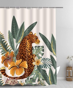 Asian Tropical Jungle Leopard Shower Curtain, Wild Animal Hunting Artwork For Nature Lovers' Bathroom 