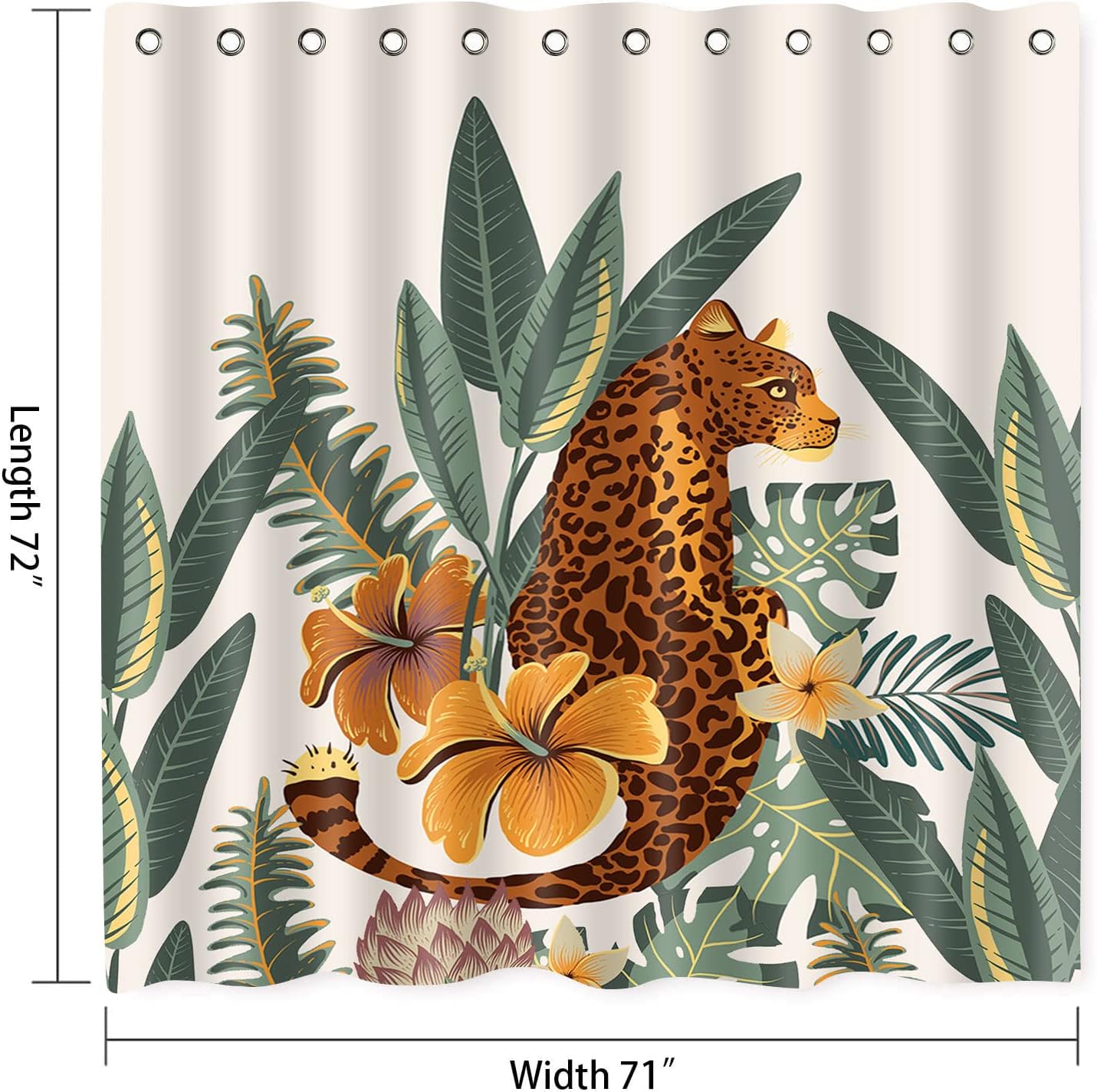 Asian Tropical Jungle Leopard Shower Curtain, Wild Animal Hunting Artwork For Nature Lovers' Bathroom