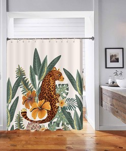 Asian Tropical Jungle Leopard Shower Curtain, Wild Animal Hunting Artwork For Nature Lovers' Bathroom