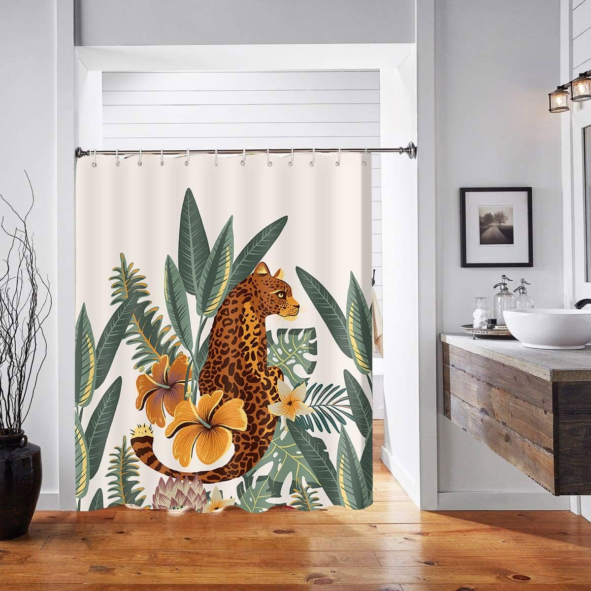 Asian Tropical Jungle Leopard Shower Curtain, Wild Animal Hunting Artwork For Nature Lovers' Bathroom