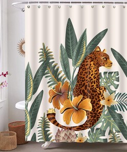 Asian Tropical Jungle Leopard Shower Curtain, Wild Animal Hunting Artwork For Nature Lovers' Bathroom