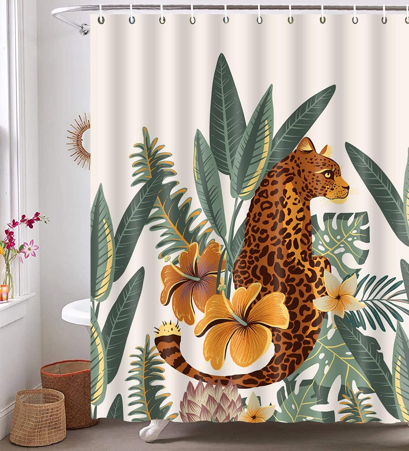 Asian Tropical Jungle Leopard Shower Curtain, Wild Animal Hunting Artwork For Nature Lovers' Bathroom