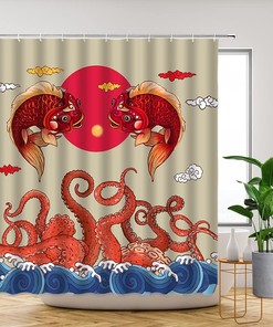 Asian Vintage Red Sun Koi Fish Octopus Tentacles Shower Curtain