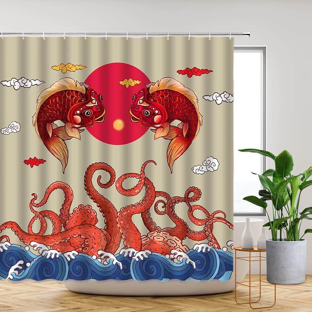 Asian Vintage Red Sun Koi Fish Octopus Tentacles Shower Curtain