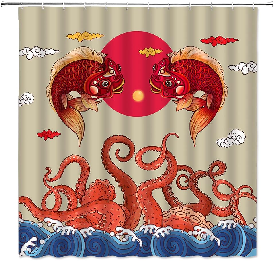 Asian Vintage Red Sun Koi Fish Octopus Tentacles Shower Curtain - Image 2