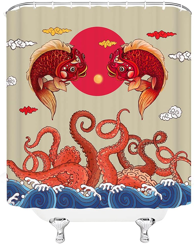 Asian Vintage Red Sun Koi Fish Octopus Tentacles Shower Curtain - Image 3