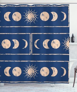 Astrology Inspired Sun and Moon Print Indigo Shower Curtain for Bathroom by Ikfashoni 