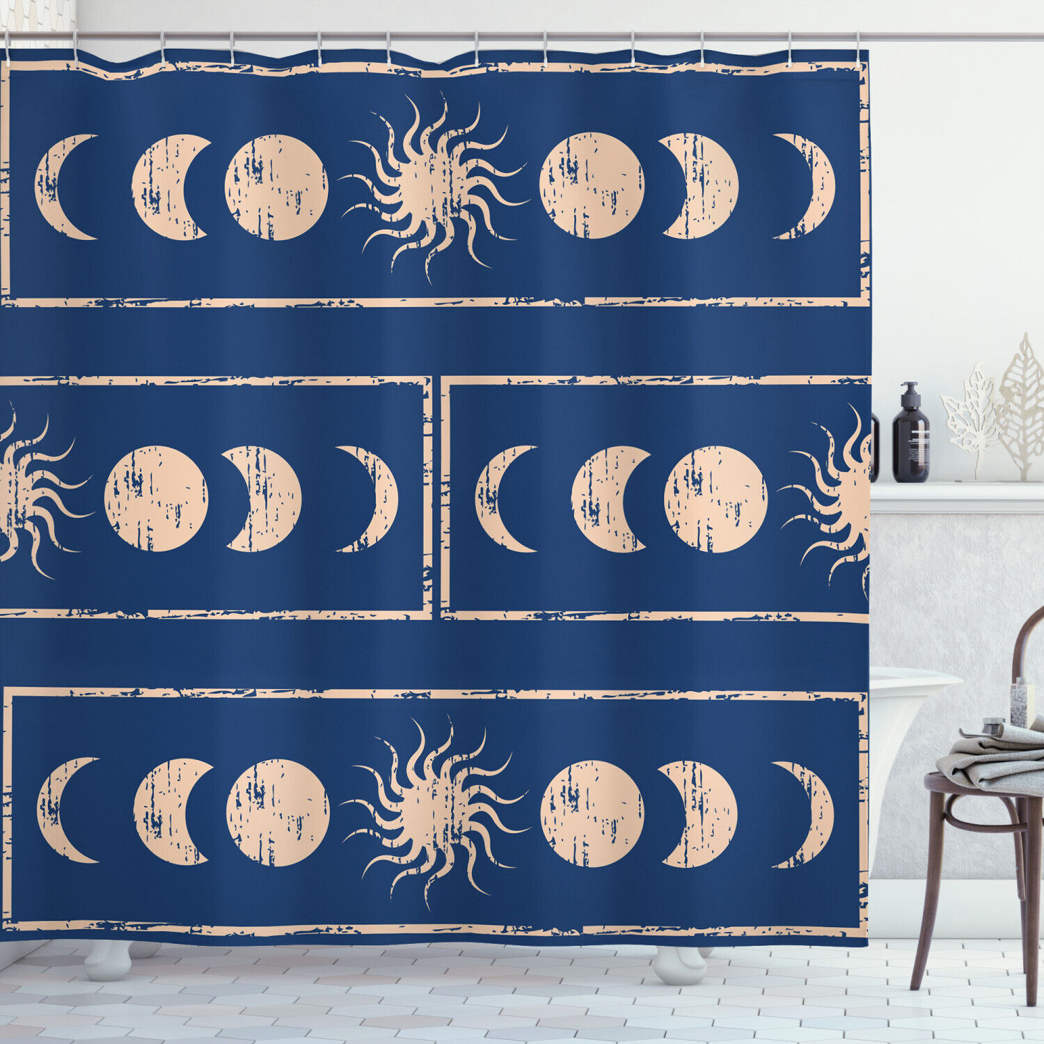 Astrology Inspired Sun and Moon Print Indigo Shower Curtain for Bathroom by Ikfashoni