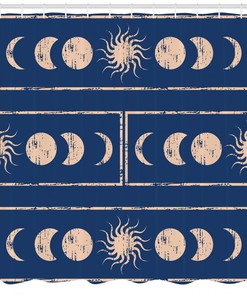Astrology Inspired Sun and Moon Print Indigo Shower Curtain for Bathroom by Ikfashoni