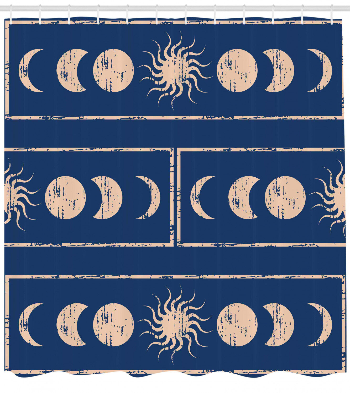 Astrology Inspired Sun and Moon Print Indigo Shower Curtain for Bathroom by Ikfashoni