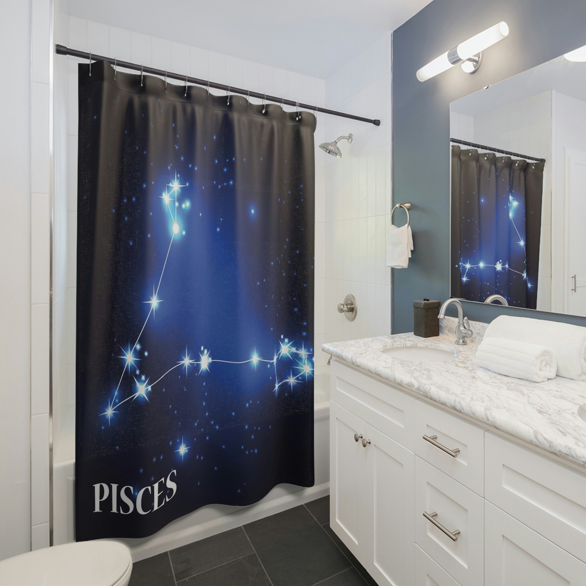 Astrology Lover's Birthday Shower Curtain with Zodiac Pisces Sign Print