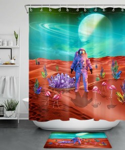 Astronaut And Flamingo Shower Curtain With Red Planet Crystal,