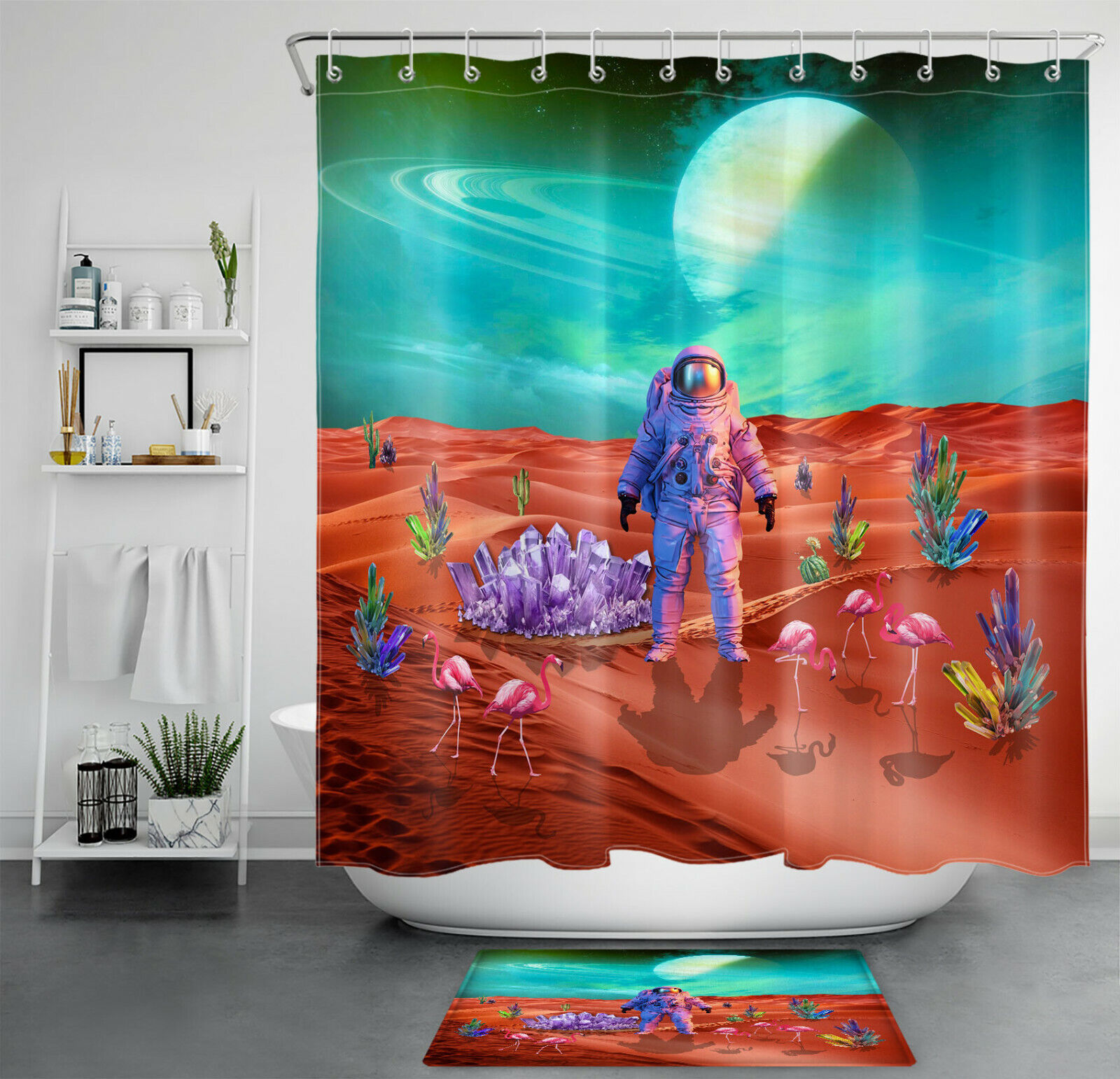 Astronaut And Flamingo Shower Curtain With Red Planet Crystal,