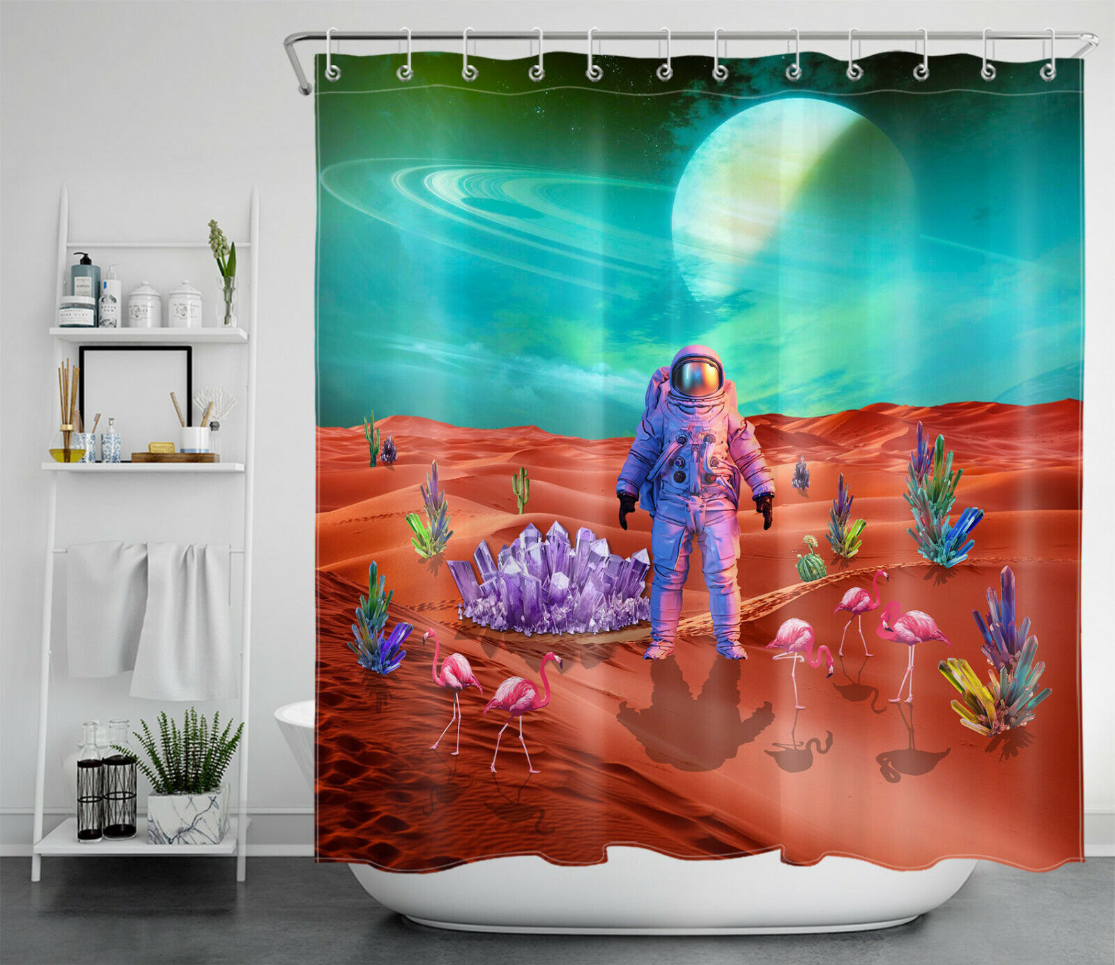 Astronaut And Flamingo Shower Curtain With Red Planet Crystal, - Image 2