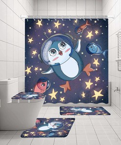 Astronaut Penguin Bathroom Shower Curtain Set For Kids