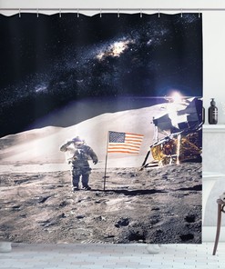 Astronaut on Moon Mission Space Shower Curtain, Unique Print for Bathroom Decor