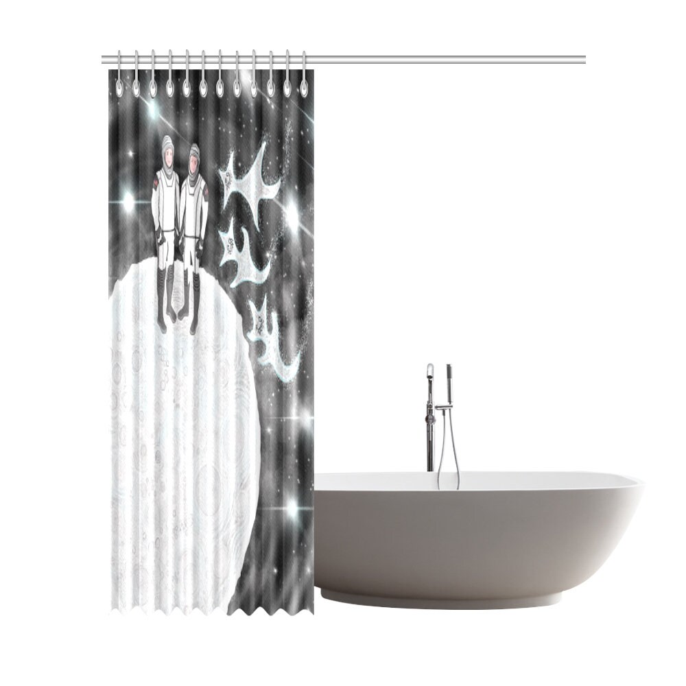 Astronauts Crew Dragon Moon Landing Shower Curtain - Aliens Arrived for Bathroom Decor