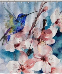 At Home Shower Curtain with Colorful Hummingbird and Flowers Design