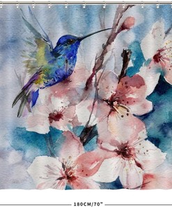 At Home Shower Curtain with Colorful Hummingbird and Flowers Design
