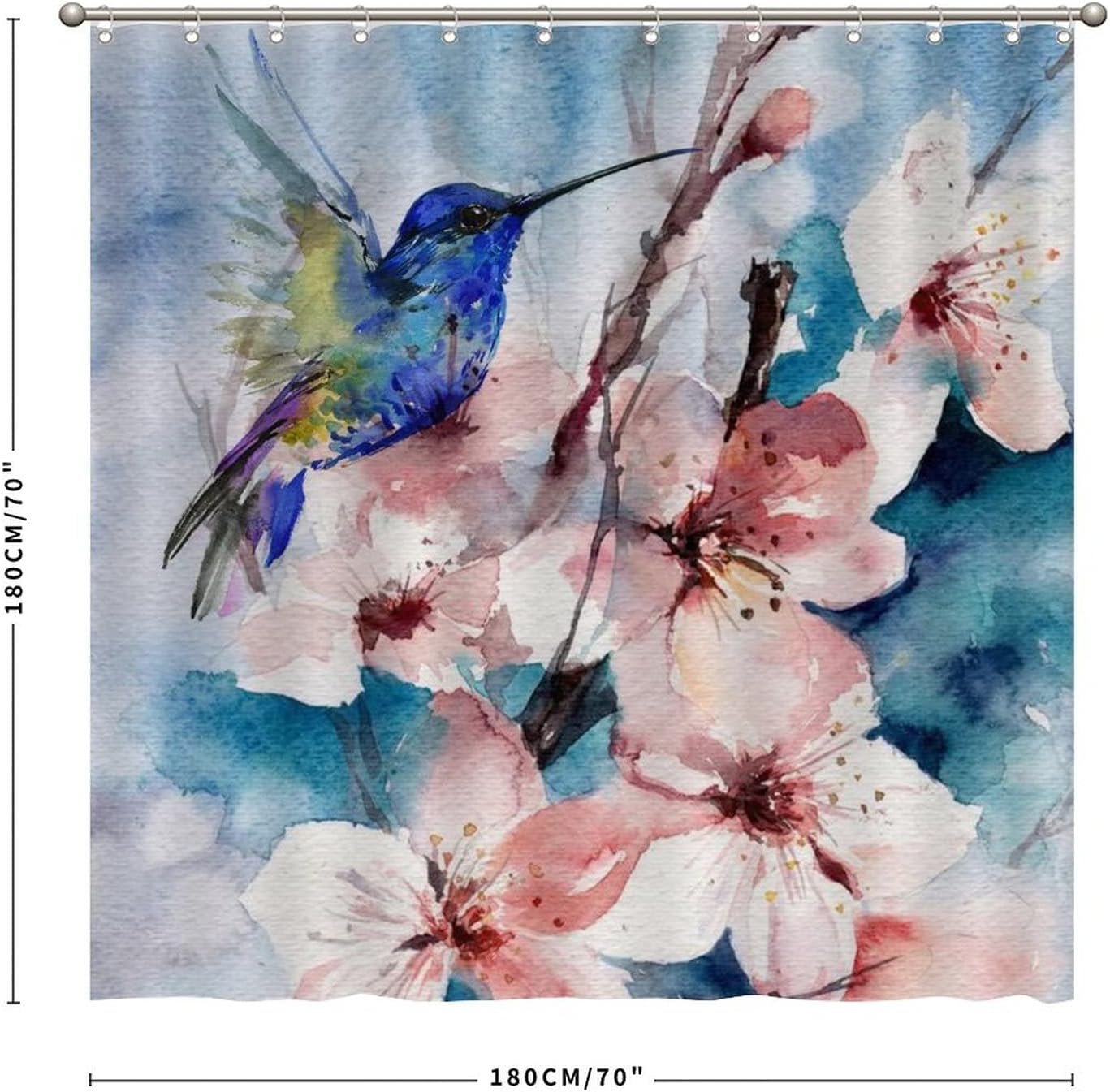At Home Shower Curtain with Colorful Hummingbird and Flowers Design