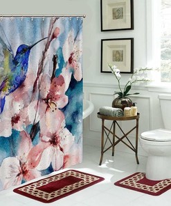 At Home Shower Curtain with Colorful Hummingbird and Flowers Design