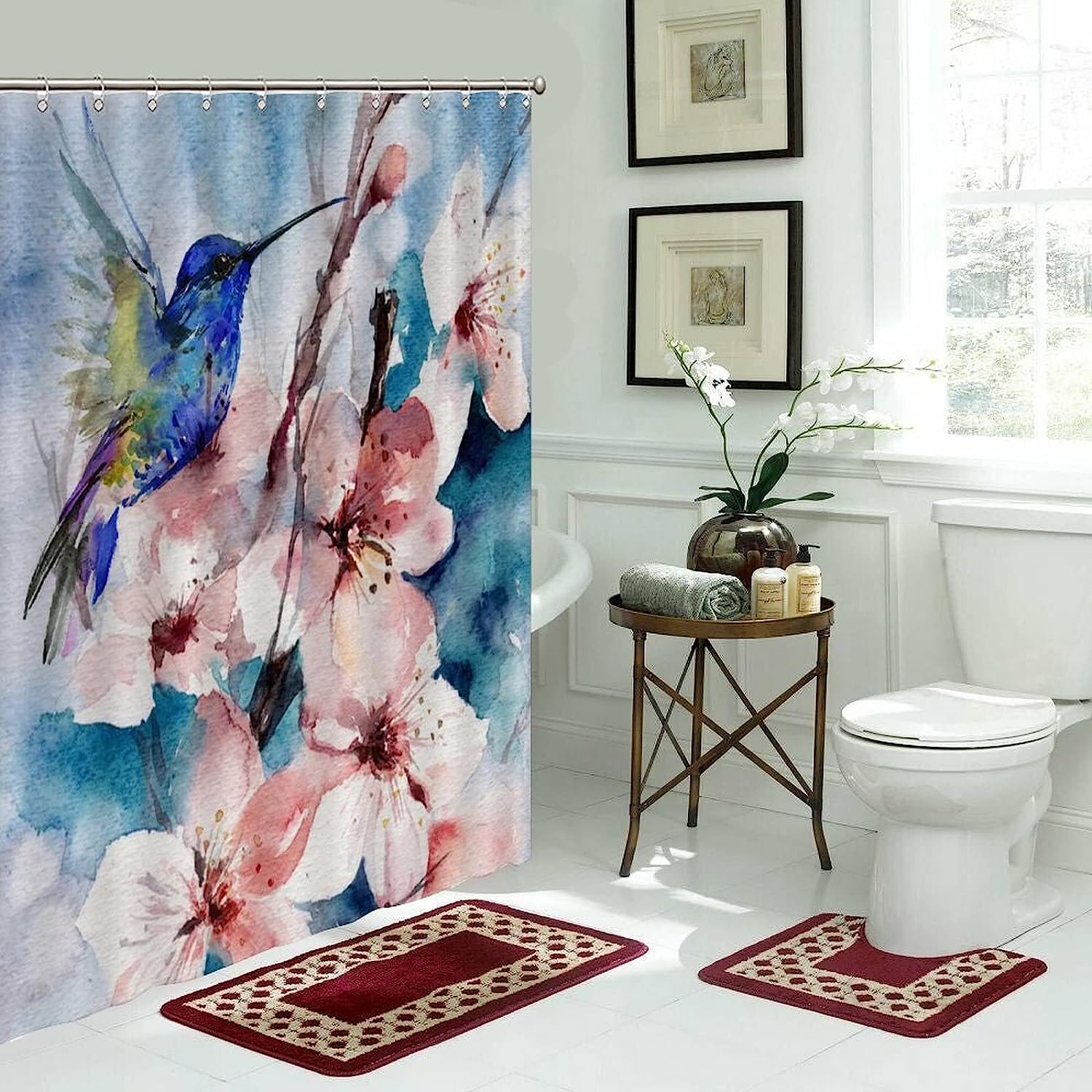 At Home Shower Curtain with Colorful Hummingbird and Flowers Design