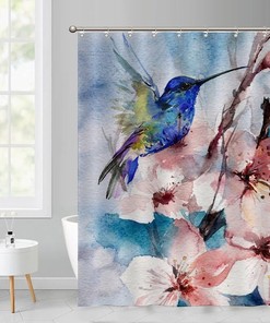 At Home Shower Curtain with Colorful Hummingbird and Flowers Design