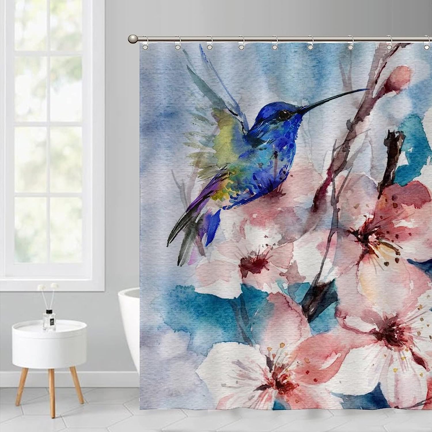 At Home Shower Curtain with Colorful Hummingbird and Flowers Design