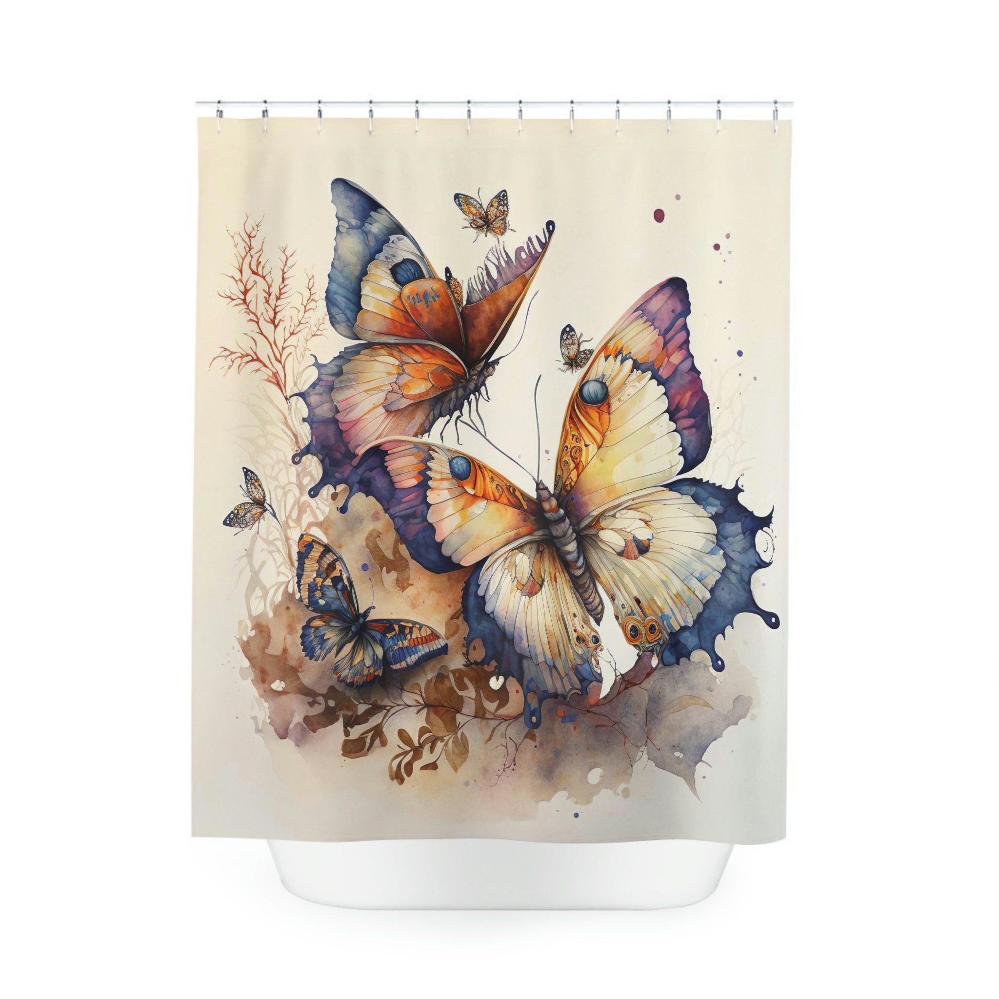 At Home Shower Curtains - Aqua Butterfly Bathroom Curtain - Image 2