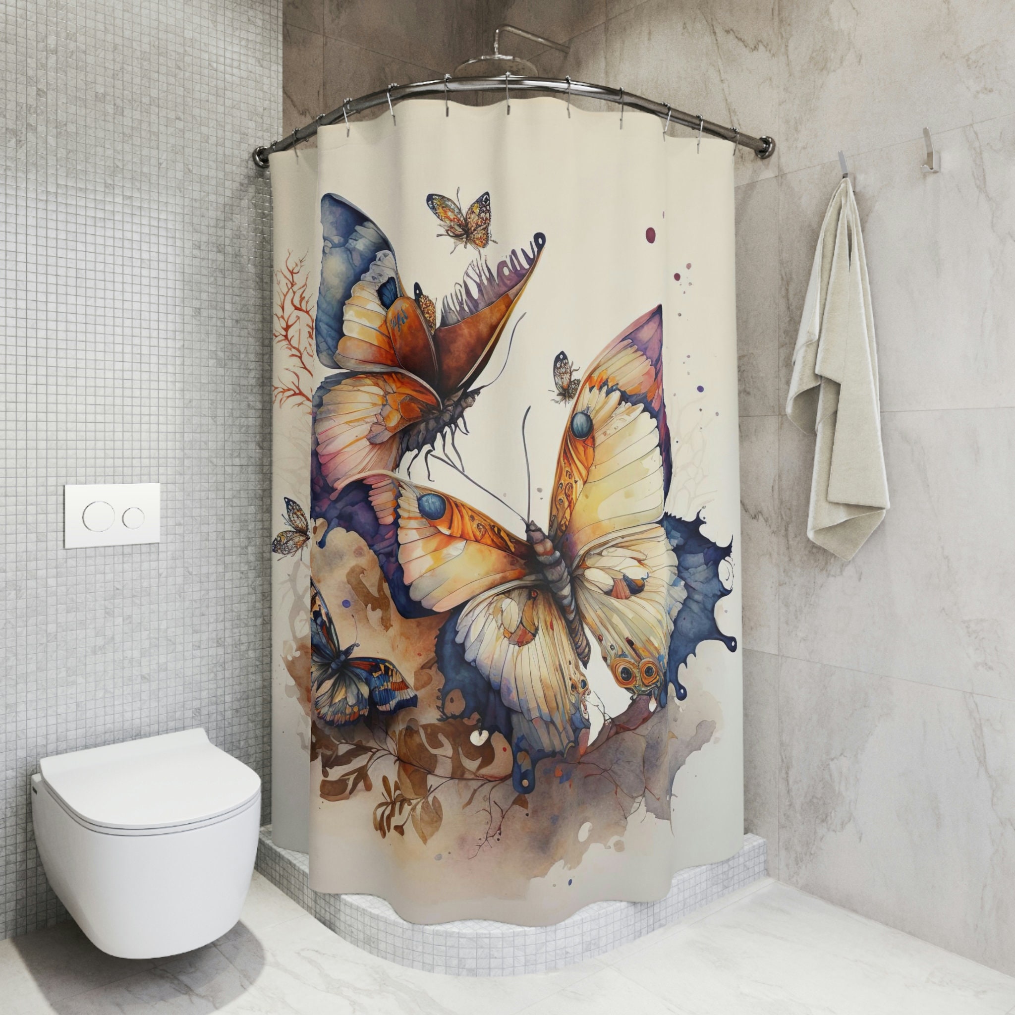 At Home Shower Curtains - Aqua Butterfly Bathroom Curtain - Image 3