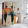 Atomic Teal Blue Mid Century Modern Cat Shower Curtain with Starburst Design for a Retro Bathroom Look 