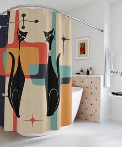 Atomic Teal Blue Mid Century Modern Cat Shower Curtain with Starburst Design for a Retro Bathroom Look 