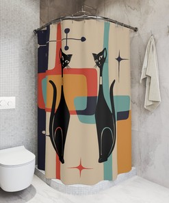 Atomic Teal Blue Mid Century Modern Cat Shower Curtain with Starburst Design for a Retro Bathroom Look
