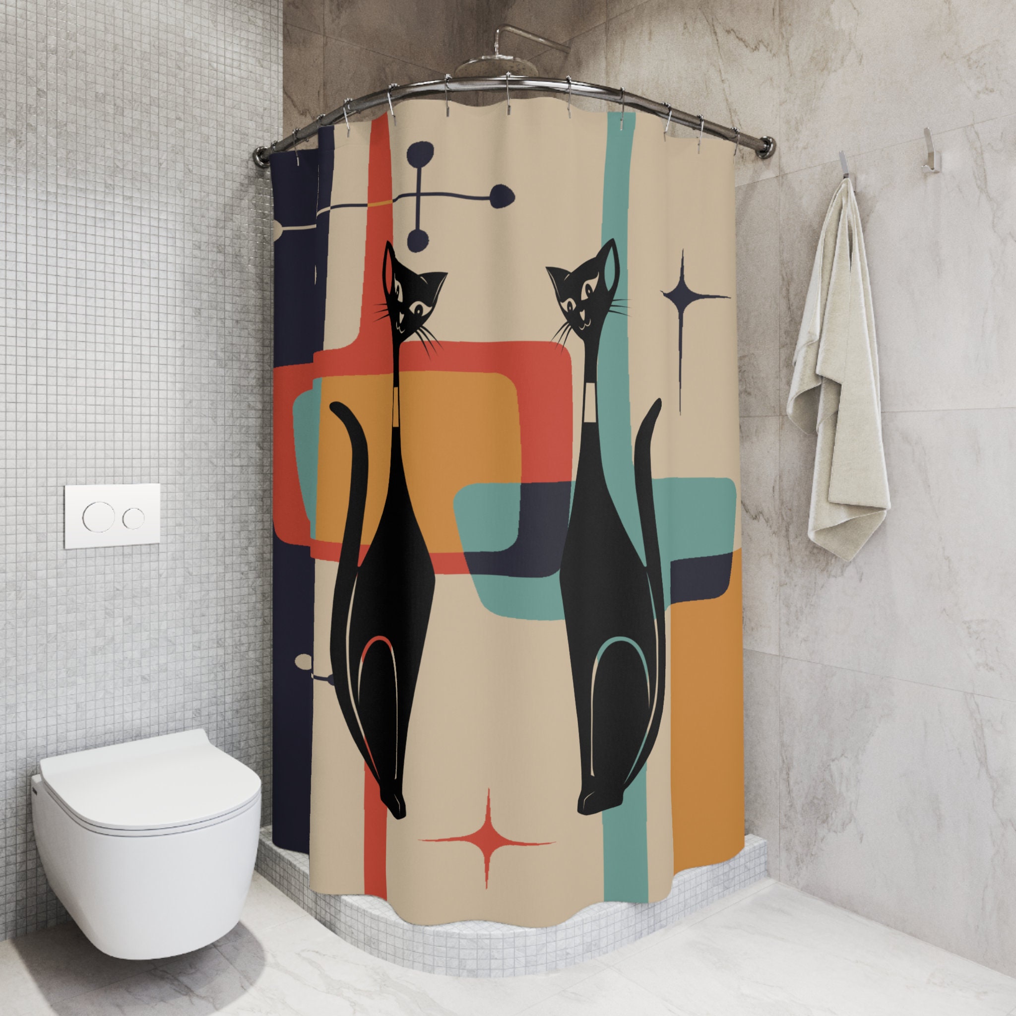 Atomic Teal Blue Mid Century Modern Cat Shower Curtain with Starburst Design for a Retro Bathroom Look