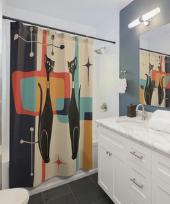 Atomic Teal Blue Mid Century Modern Cat Shower Curtain with Starburst Design for a Retro Bathroom Look